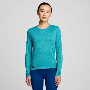 Turquoise Saucony Stopwatch Long Sleeve Women's T-Shirt | EGYPT NVCTPJ